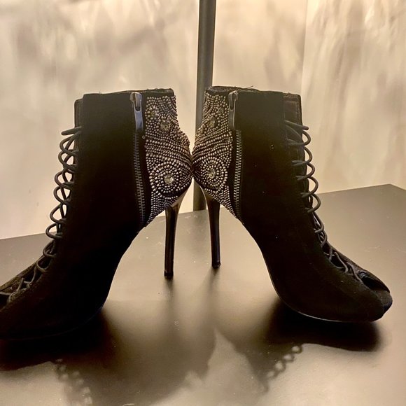 Sam Edelman black lace up high heel stiletto booties with embellishments - Picture 3 of 7